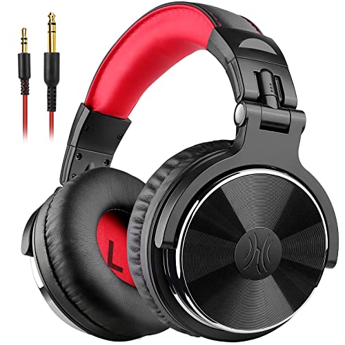 OneOdio Over Ear Headphone, Wired Bass Headsets with 50mm Driver, Foldable Lightweight Headphones with Shareport and Mic for Recording Monitoring Podcast Guitar PC TV - (Red)