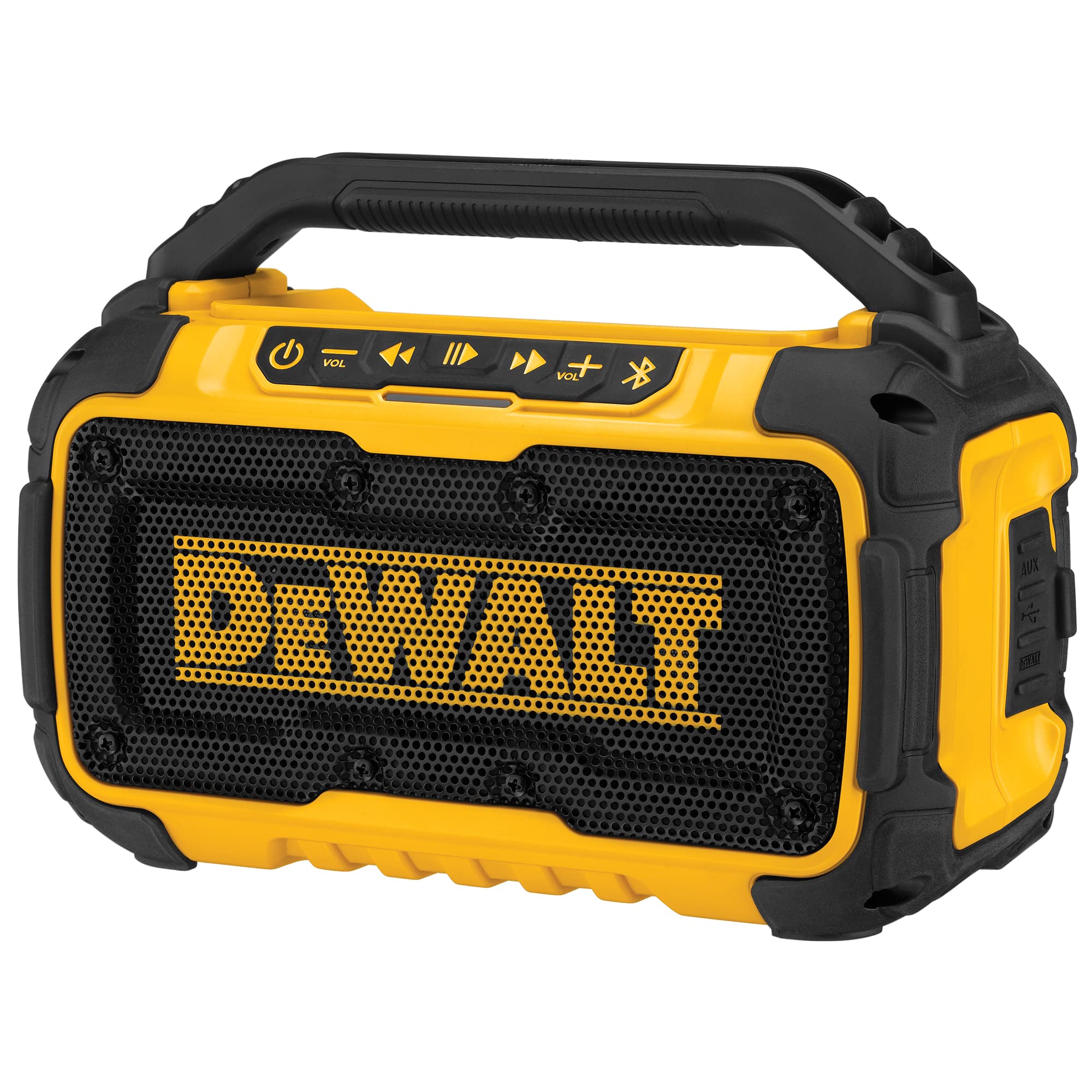 DEWALT 20V MAX Bluetooth Speaker, 100 ft Range, Durable for Jobsites, Phone Holder Included, Lasts 8-10 Hours with Single Charge (DCR010), Yellow/Black