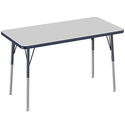 Factory Direct Partners FDP Rectangle Activity School and Office Table (24 x 48 inch), Standard Legs with Swivel Glides, Adjustable Height 19-30 inches - Gray Top and Navy Edge